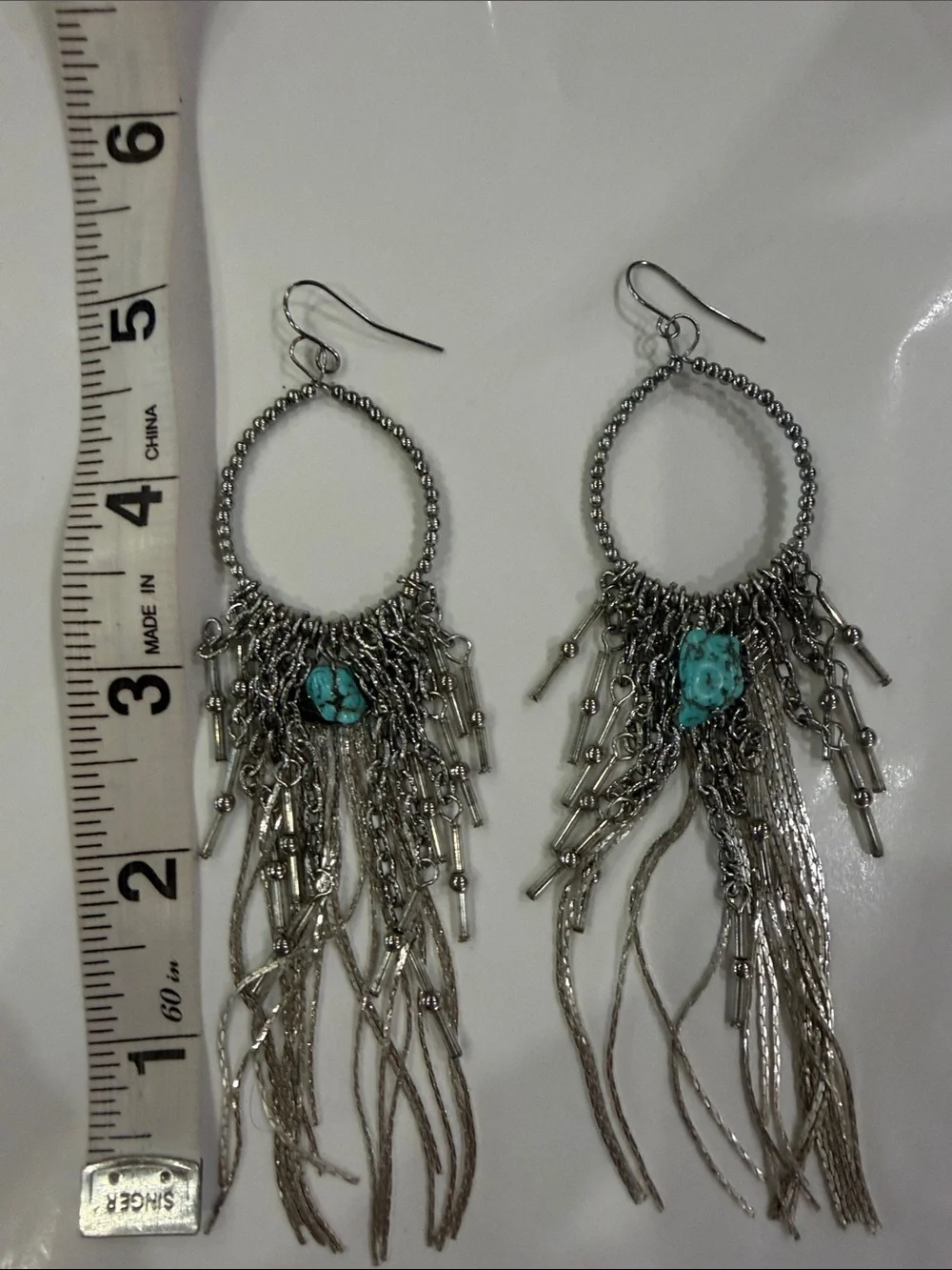 Silver Fringe Hoop Earrings with Turquoise Accent - Women Jewelry